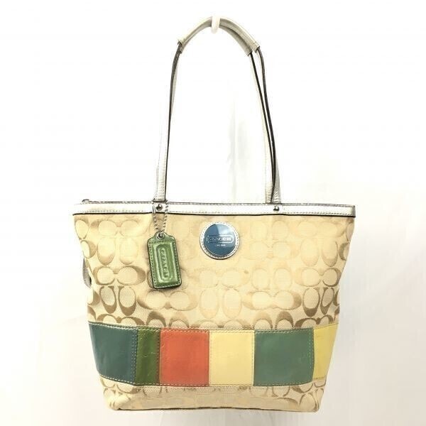 コーチ COACH カラフル レザー ハンドバッグ ベージュ シグネチャー 管NO.TB5-18