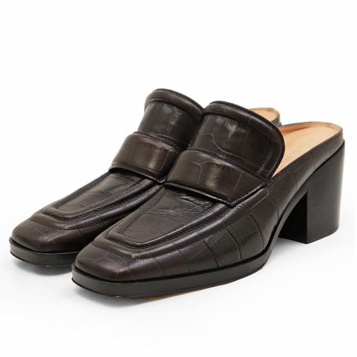 SALE【新品同様】BOTTEGA VENETA ボッテガヴェネタ ミュール クロコダイル型押し サイズ 38.5 レディース ローファー型 スクエアトゥ スタックヒール シューズ 靴 箱/保存袋付属 ダークブラウン 茶色 イタリア製