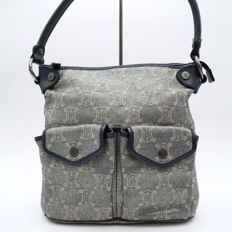 CELINE(セリーヌ)Cマカダム ヴィンテージ ショルダーバッグ デニム ブルー レザー フロントポケット シルバー金具 レディース CE00/35【中古】