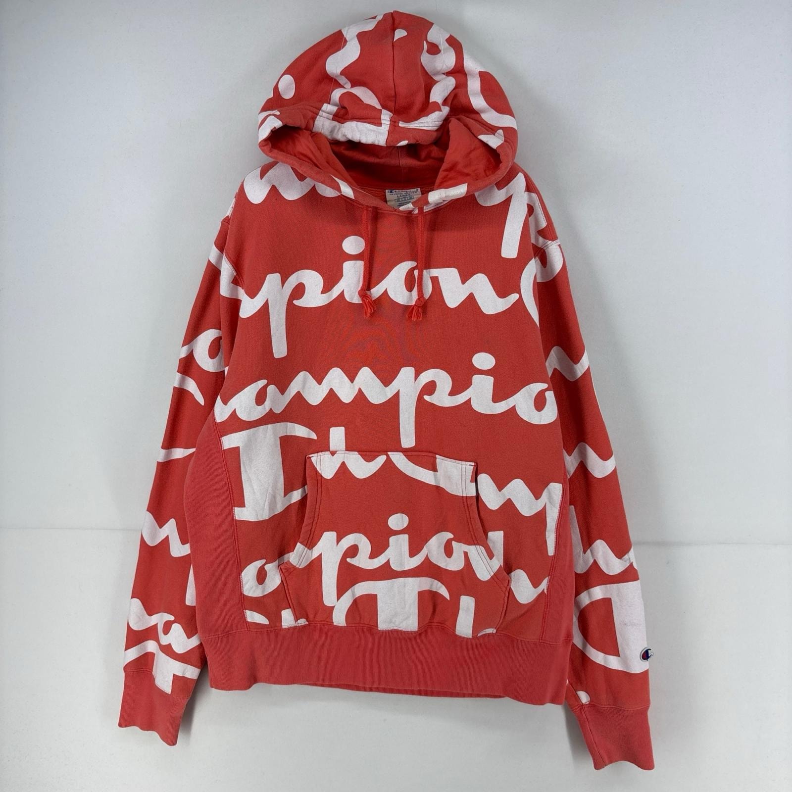 古着 チャンピオン Champion パーカー プルオーバー リバースウィーブ ロゴ 総柄 プリント スウェット L  ピンク系 総柄 メンズ