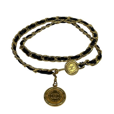 CHANEL シャネル ココマーク チェーン ベルト レザー GP ブラック レディース【中古】