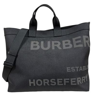 バーバリー ホースフェリープリントトートバッグ ショルダーバッグ キャンバス 8058202 ブラック メンズ BURBERRY 中古