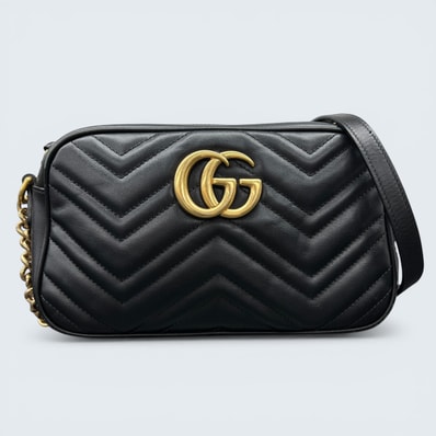 GUCCI 美品 グッチ GGマーモント スモール カメラバッグ チェーンショルダーバッグ 447632 レザー ブラック ゴールド金具 クロスボディ ポシェット ABランク 中古 鑑定済 グッチバッグ