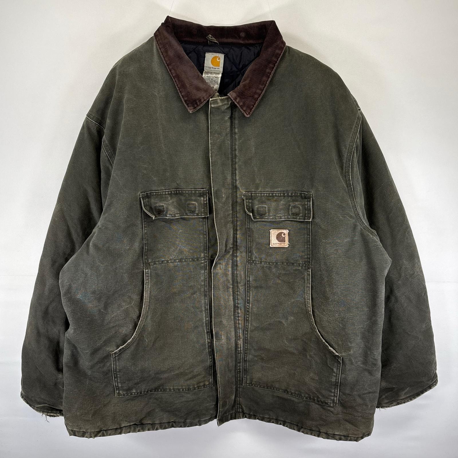 古着 カーハート Carhartt ダック ジャケット ワーク 作業着 中綿 ワンポイント フルジップ 4XL TALL  グリーン系 メンズ
