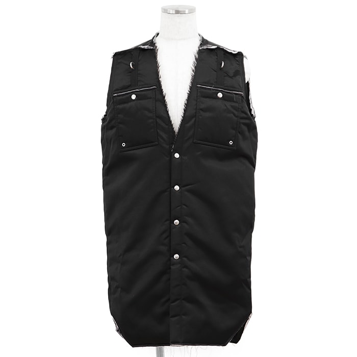 【美品】Rick Owens リックオウエンス パデッドロングベスト サイズ 48 メンズ 2021AW シグネチャー ロゴスナップボタン カットオフ トップス ブラック 黒 イタリア製