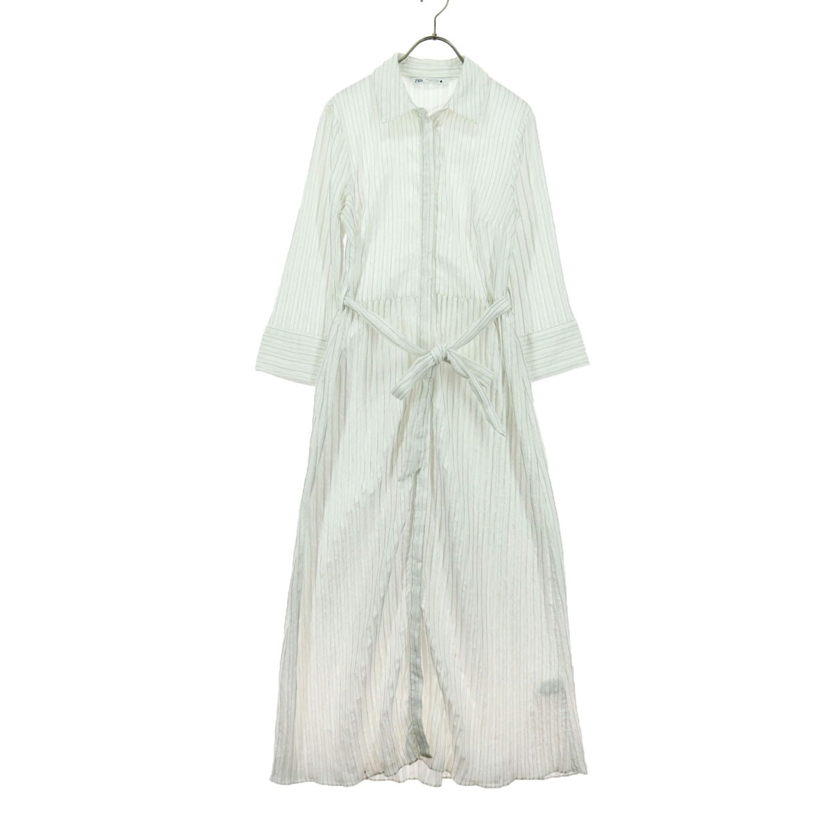 ZARA ザラ ストライプ柄 長袖 ロングワンピース S ホワイト ベルト付属