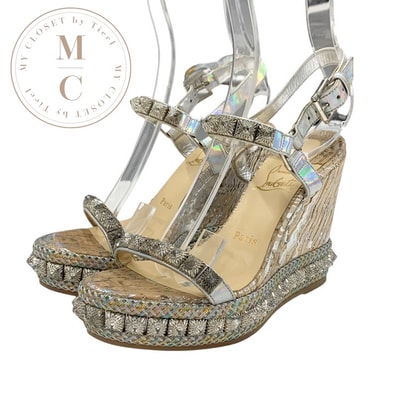 クリスチャンルブタン Christian Louboutin ピラリヤド サンダル 靴 シューズ レザー コルク シルバー オーロラ スタッズ ウェッジソール ストラップ