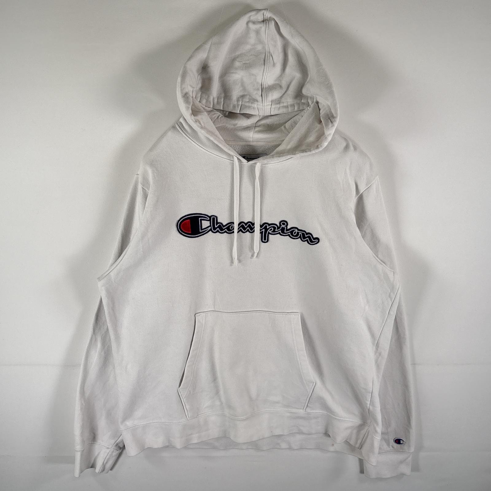 古着 チャンピオン Champion パーカー スウェット ビッグロゴ刺繍ワッペン フーディ プルオーバー 大きいサイズ XL  ホワイト メンズ