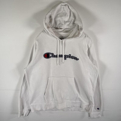 古着 チャンピオン Champion パーカー スウェット ビッグロゴ刺繍ワッペン フーディ プルオーバー 大きいサイズ XL ホワイト メンズ