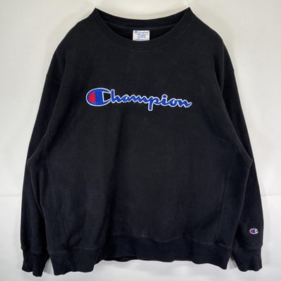 古着 チャンピオン Champion スウェット リバースウィーブ トレーナー ビッグロゴワッペン刺繍 大きいサイズ 2XL ブラック メンズ
