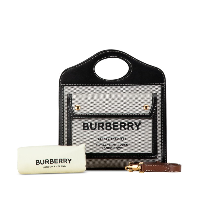 バーバリー ホースフェリープリント ロゴ ハンドバッグ ショルダーバッグ 2WAY ブラック ホワイト キャンバス レザー レディース BURBERRY 中古