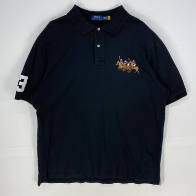 古着 ポロ・ラルフローレン POLO RALPH LAUREN 鹿の子 半袖シャツ ビッグ刺繍 ワッペン ポロシャツ 2XL ブラック系 メンズ