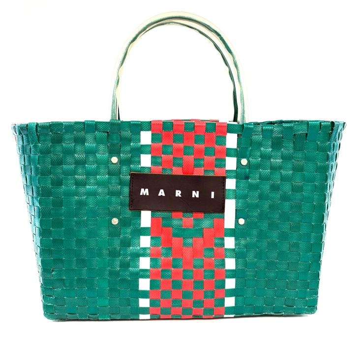マルニ MARNI フラワーカフェ ピクニックバッグ バスケットバッグ ハンドバッグ グリーン レッド 正規品【鑑定済み】