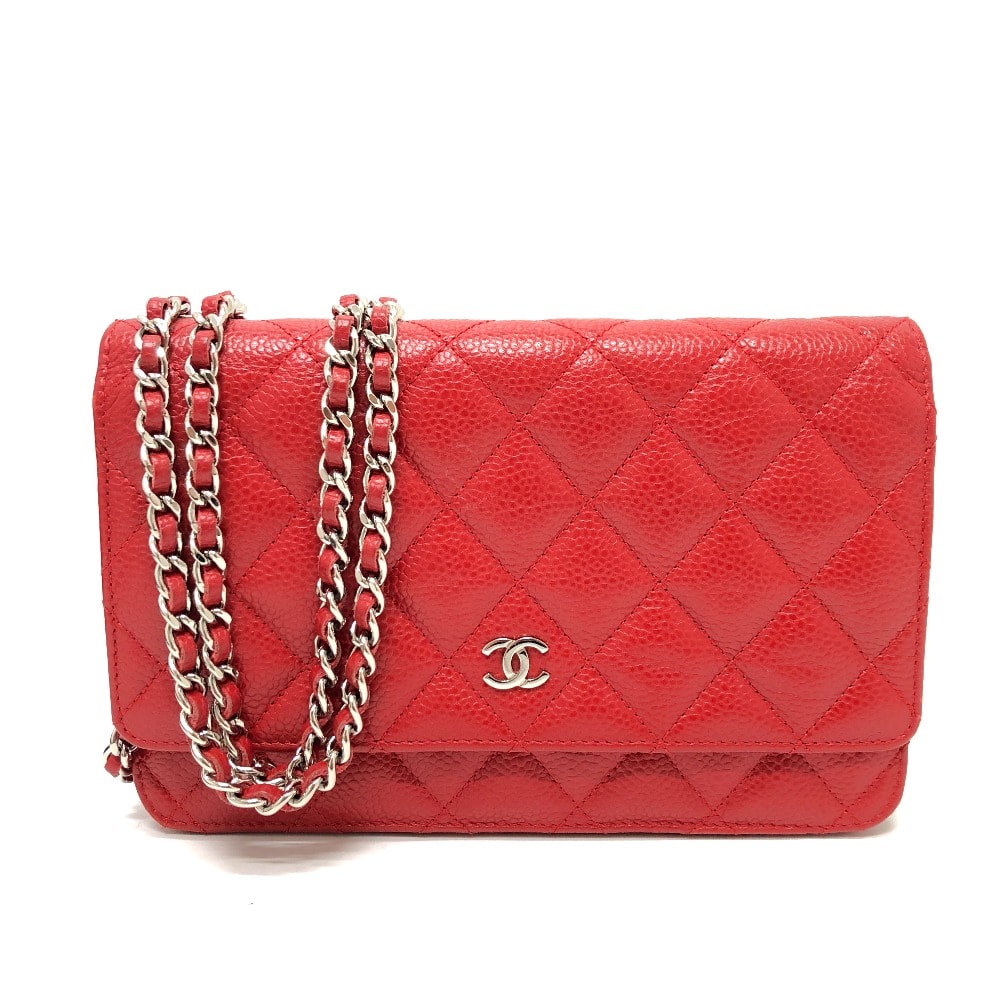 シャネル CHANEL CC ココマーク クラシック AP0250 長財布 チェーンウォレット 斜め掛け カバン バッグ ショルダーバッグ キャビアスキン レッド