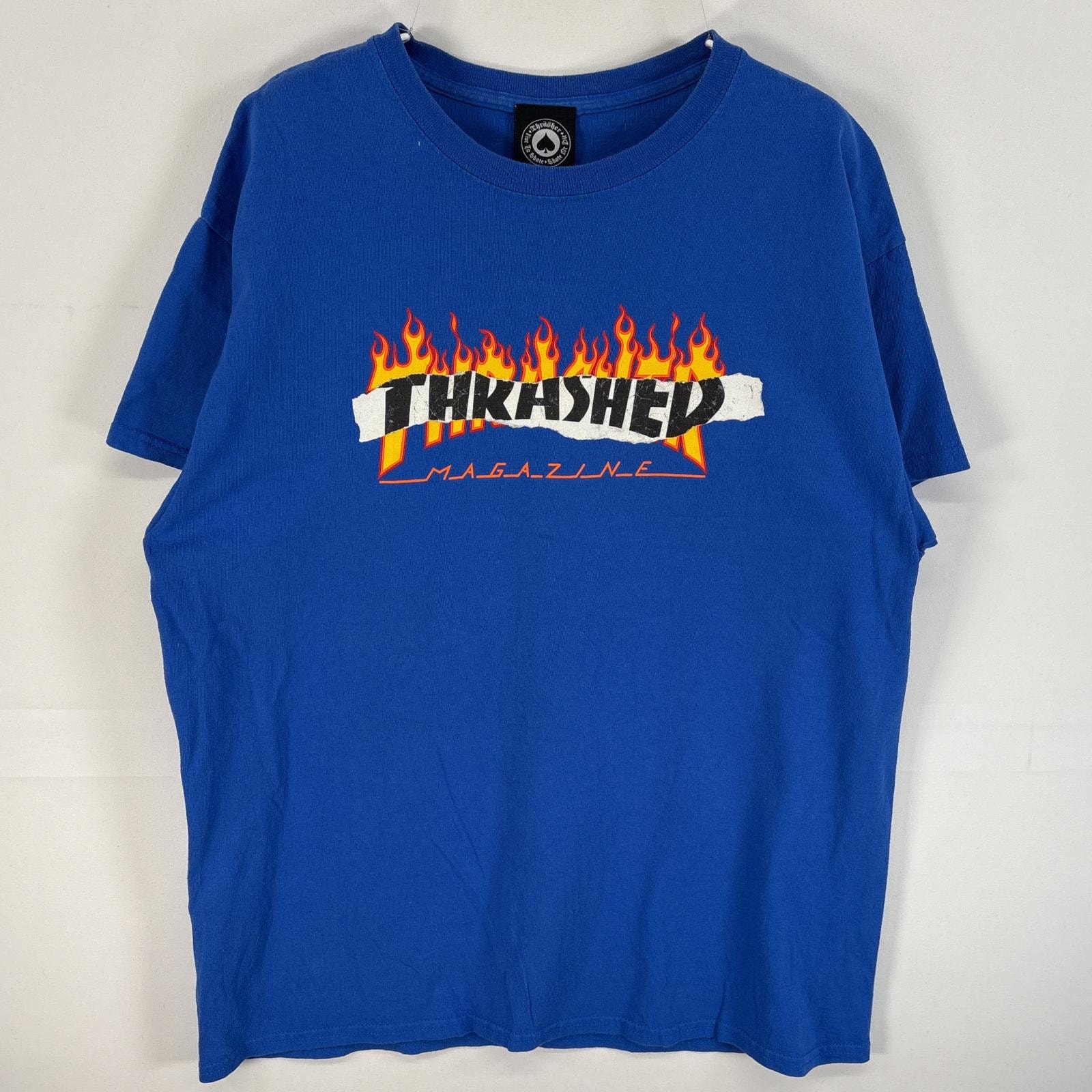 古着 スラッシャー THRASHER 半袖Tシャツ ラバープリント ロゴ ファイヤーデザイン クルーネック L  ブルー系 メンズ