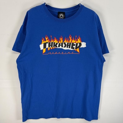 古着 スラッシャー THRASHER 半袖Tシャツ ラバープリント ロゴ ファイヤーデザイン クルーネック L ブルー系 メンズ