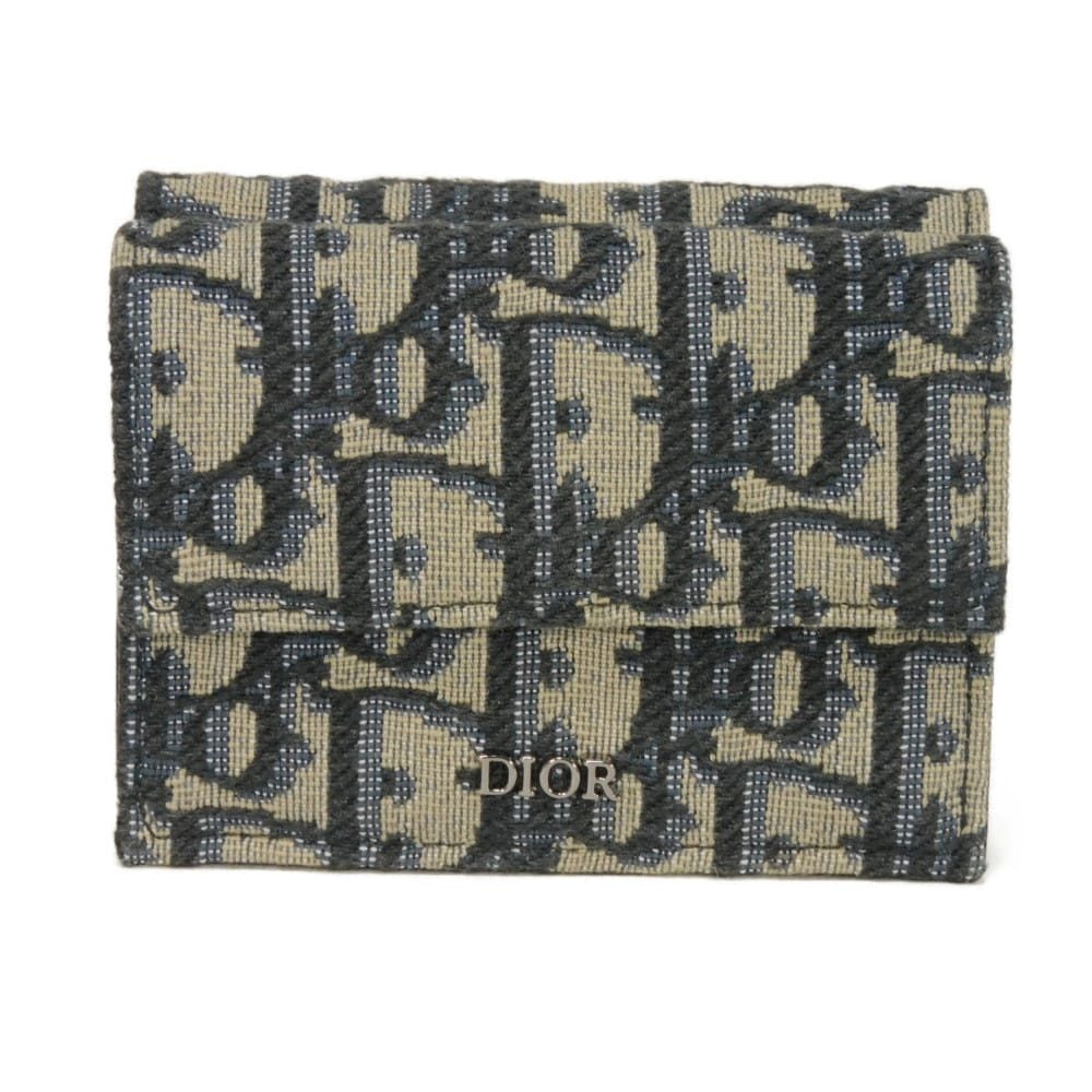 Dior ディオール オブリーク ジャガード コンパクト ウォレット ブラック ネイビー 札入れ カードケース コインケース ミニウォレット 日本限定 ロゴ メタル コットン ベージュ 三つ折り財布 2OBBC110YSE_H05E