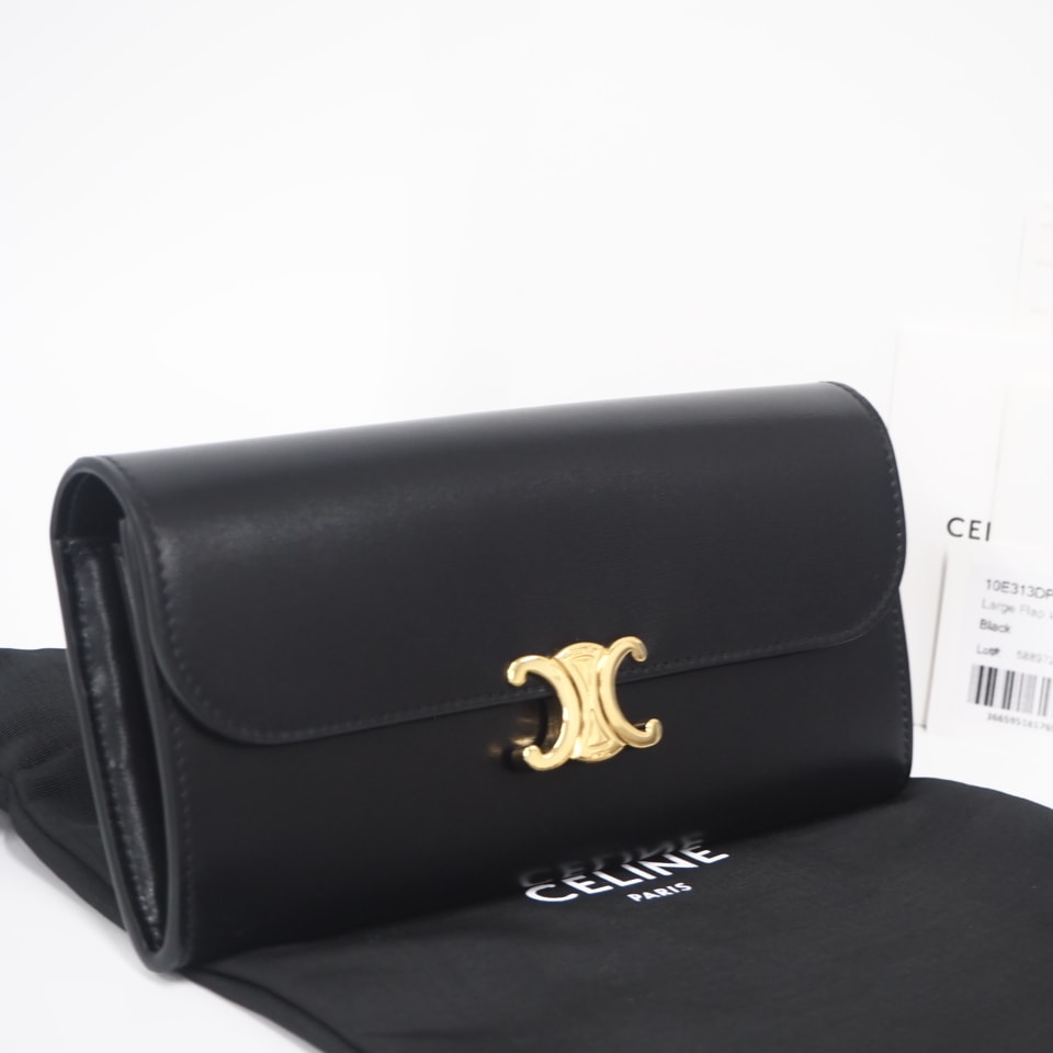 美品 CELINE セリーヌ トリオンフ ラージウォレット 10E313DPV 長財布 ブラック カーフレザー レディース