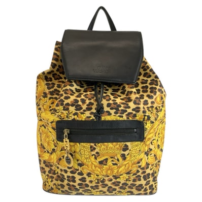 VERSACE ヴェルサーチ レオパード柄 イエロー ブラック ゴールド金具 PVC レザー/ リュックサック バックパック 604634 【中古】