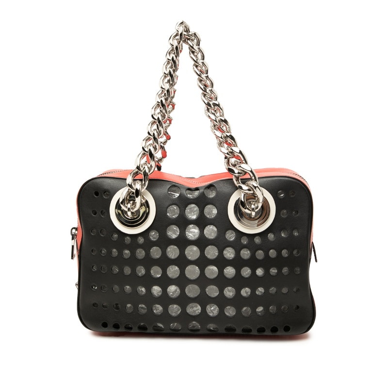 プラダ 三角ロゴプレート City Fori シティ フォーリ パンチング トートバッグ 1BB017 ブラック レッド レザー レディース PRADA 【中古】