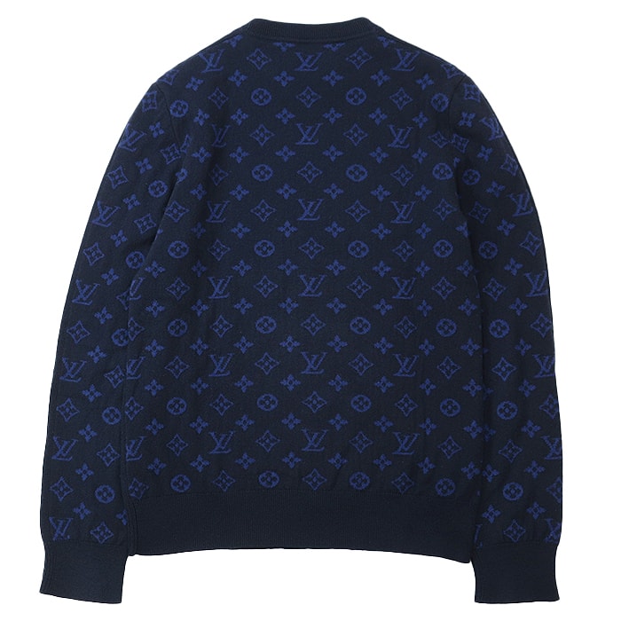 【美品】 ルイ・ヴィトン ニット LV モノグラム ミドルゲージ カシミヤブレンド セーター メンズ ネイビー ブルー S LOUIS VUITTON