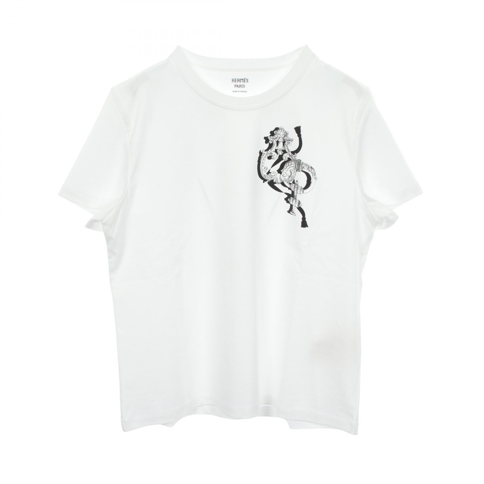 エルメス HERMES 2026SS Printed straight t-shirt カルトゥッシュ 半袖Tシャツ 衣料品 トップス コットン ホワイト レディース ホワイト系 6E4641DC 【中古】
