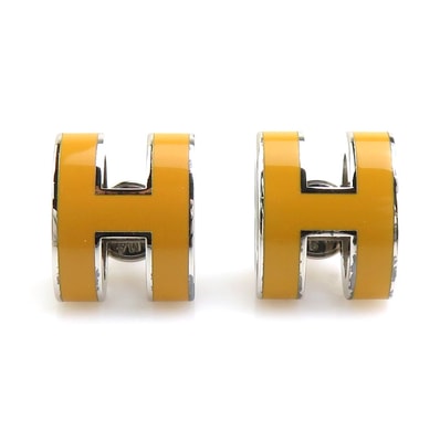 エルメス HERMES ピアス ミニ ポップH メタル/エナメル シルバー/イエロー レディース【中古】 e60566j