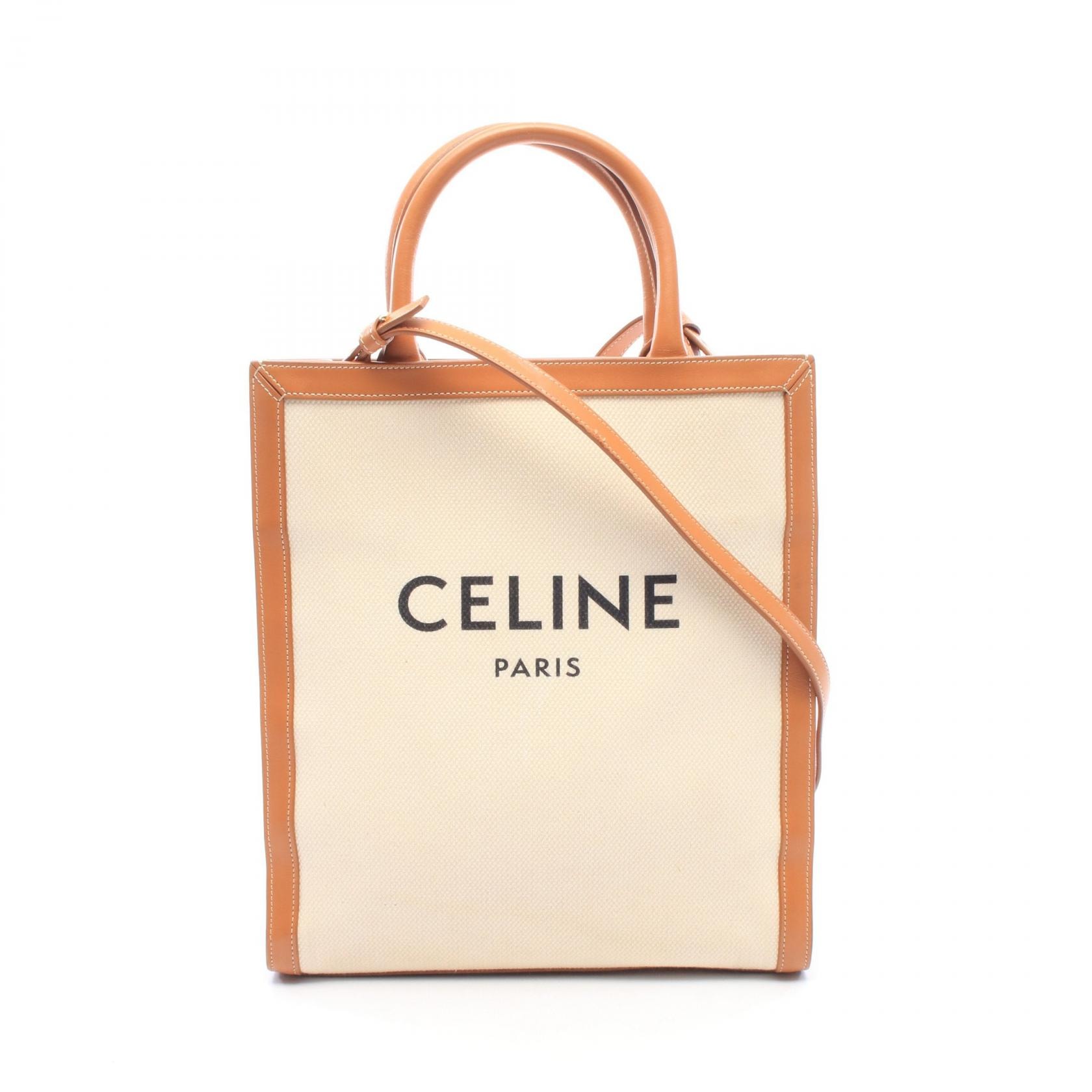 セリーヌ CELINE スモール バーティカル カバ 2WAY トートバッグ バッグ キャンバス レザー レディース アイボリー系 / ブラウン系 【中古】
