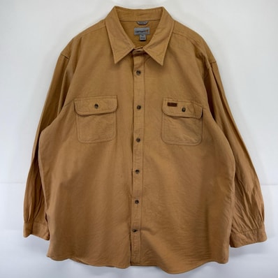 古着 カーハート Carhartt 長袖シャツ ロゴ 胸ポケット 大きいサイズ シャモアシャツ 2XL ブラウン系 無地 メンズ