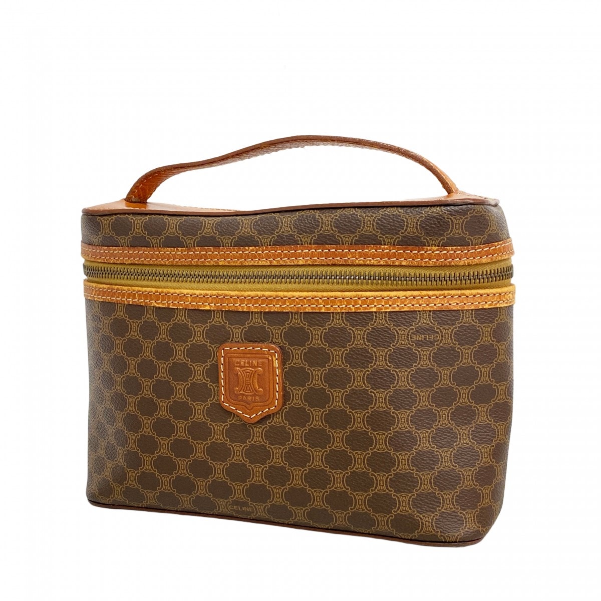 【6da0716】セリーヌ バニティバッグ マカダム PVC ブラウン ゴールド金具【中古】レディース