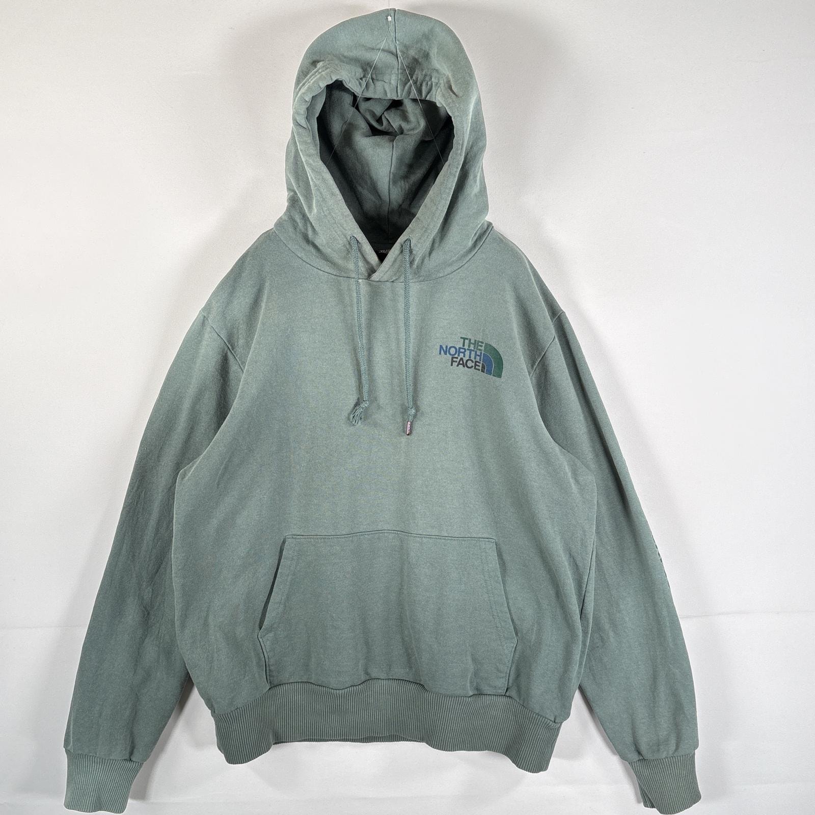 古着 ザ・ノースフェイス THE NORTH FACE パーカー ワンポイントロゴ 袖プリント フーディー マフポケット フード紐 M グリーン系 メンズ