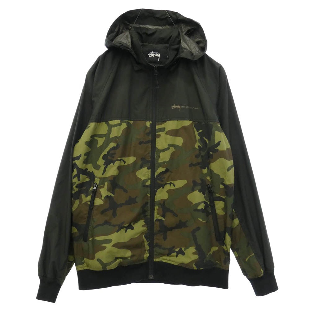 STUSSY ステューシー カモフラージュ 迷彩 柄 ロゴ プリント フード 着脱可 フーディ ナイロン ジャケット カーキ系 ブラック系 L【中古】