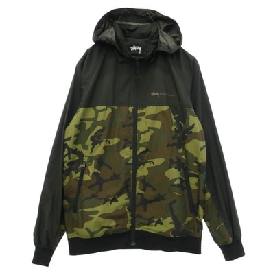 STUSSY ステューシー カモフラージュ 迷彩 柄 ロゴ プリント フード 着脱可 フーディ ナイロン ジャケット カーキ系 ブラック系 L【中古】