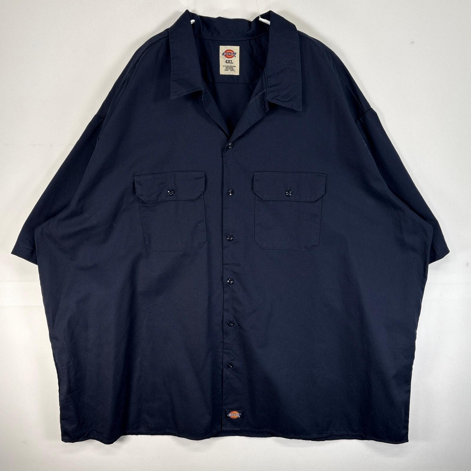 古着 ディッキーズ Dickies 半袖シャツ ワーク 作業着 フラップポケ 大きいサイズ ワンポイント ロゴ 4XL ネイビー 無地 メンズ