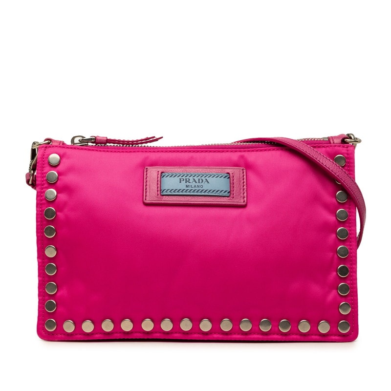 プラダ エチケット スタッズ ショルダーバッグ 1NE006 ピンク ナイロン レザー レディース PRADA 中古