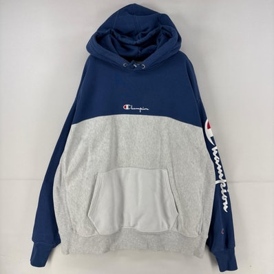 古着 チャンピオン Champion パーカー スウェット 刺繍 リバースウィーブ プルオーバー ロゴ ツートンカラー 2XL ブルー メンズ