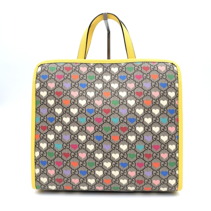GUCCI(グッチ)チルドレンズ GGスプリーム ハートプリント ハンドバッグ トートバッグ マルチカラー イエロー PVC レザー レディース 605614【中古】