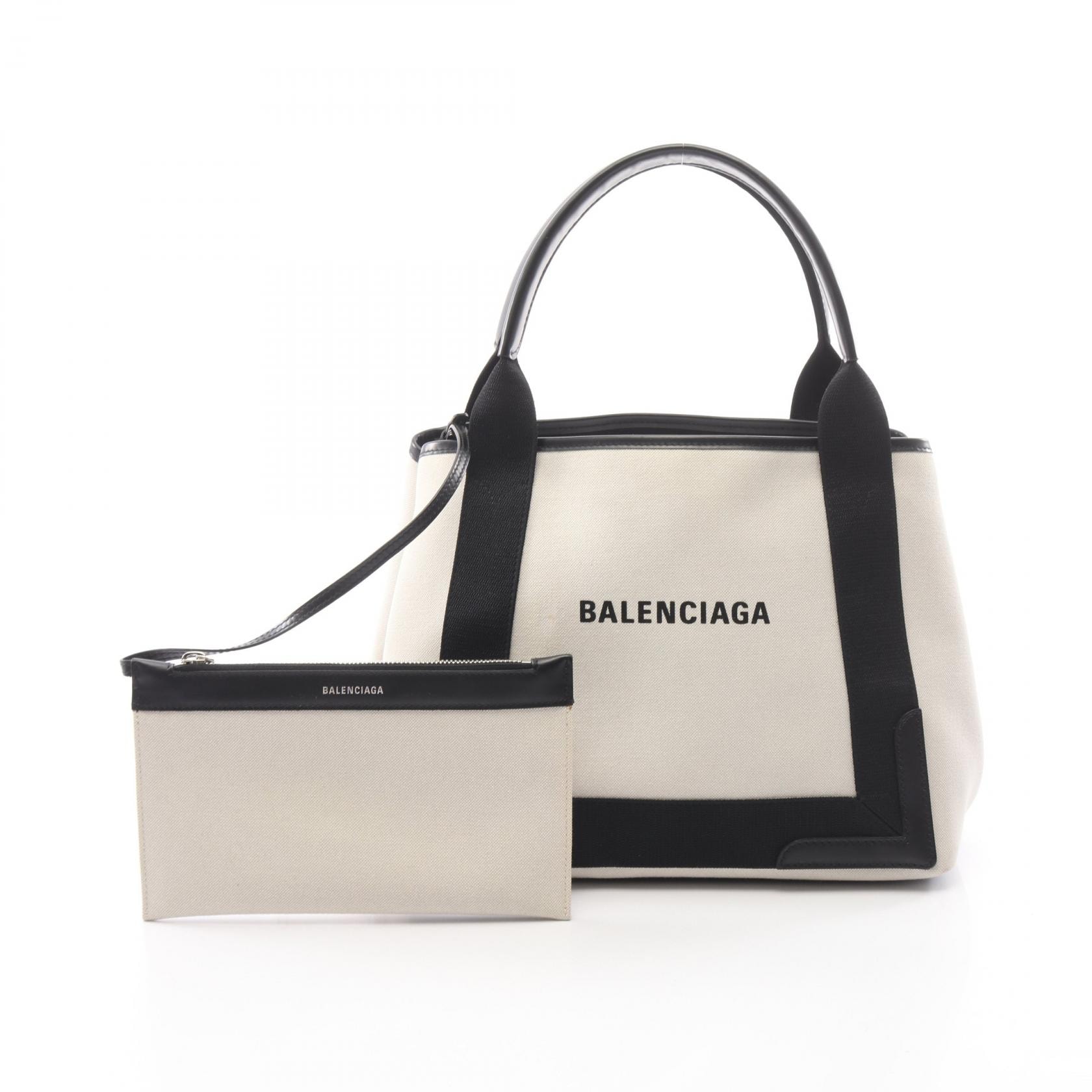 バレンシアガ BALENCIAGA NAVY CABAS S ネイビーカバ トートバッグ バッグ キャンバス レザー レディース アイボリー系 / ブラック系 3399332 【中古】