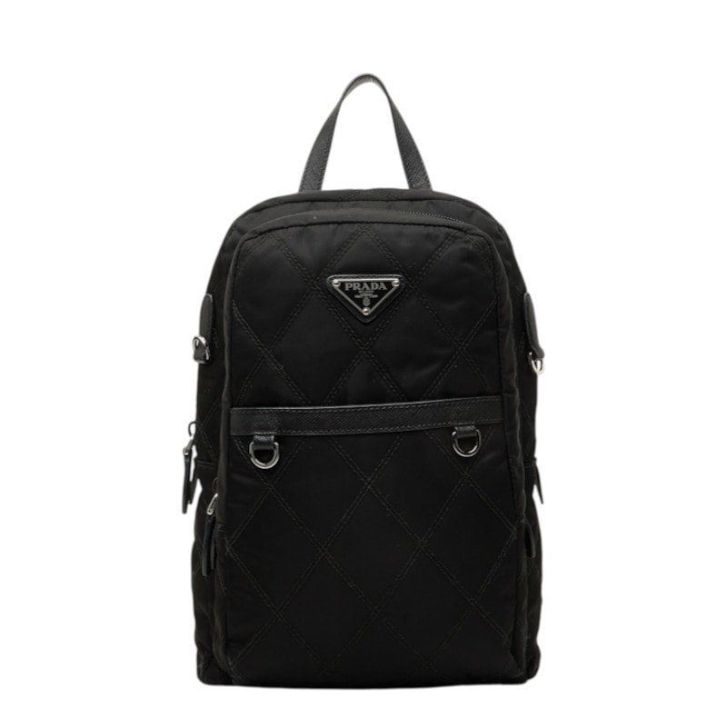 プラダ 三角ロゴプレート キルティング ミニリュック バックパック 1BZ017 ブラック ナイロン レザー レディース PRADA 中古