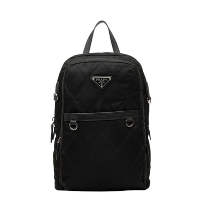 プラダ 三角ロゴプレート キルティング ミニリュック バックパック 1BZ017 ブラック ナイロン レザー レディース PRADA 中古