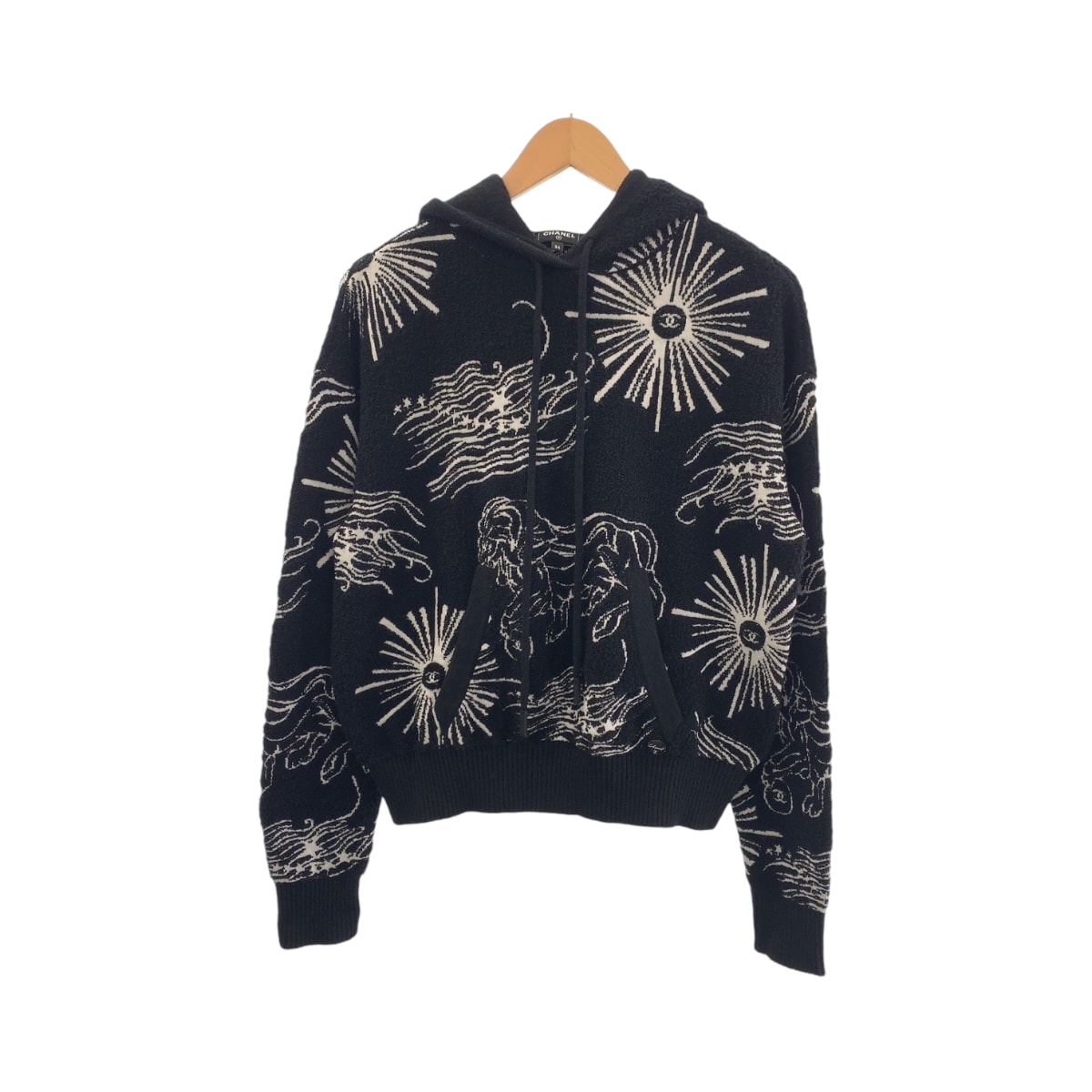 超美品 CHANEL シャネル ライオン ココマーク サイズ34 ブラック 黒 ホワイト コットン パーカー フーディ 600914 【中古】