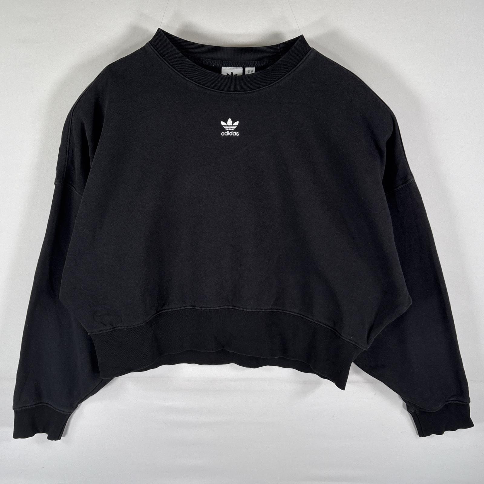 古着 アディダス adidas スウェット トレーナー センターロゴ刺繍 ショート丈 短丈 トレフォイルロゴ OT ブラック レディース