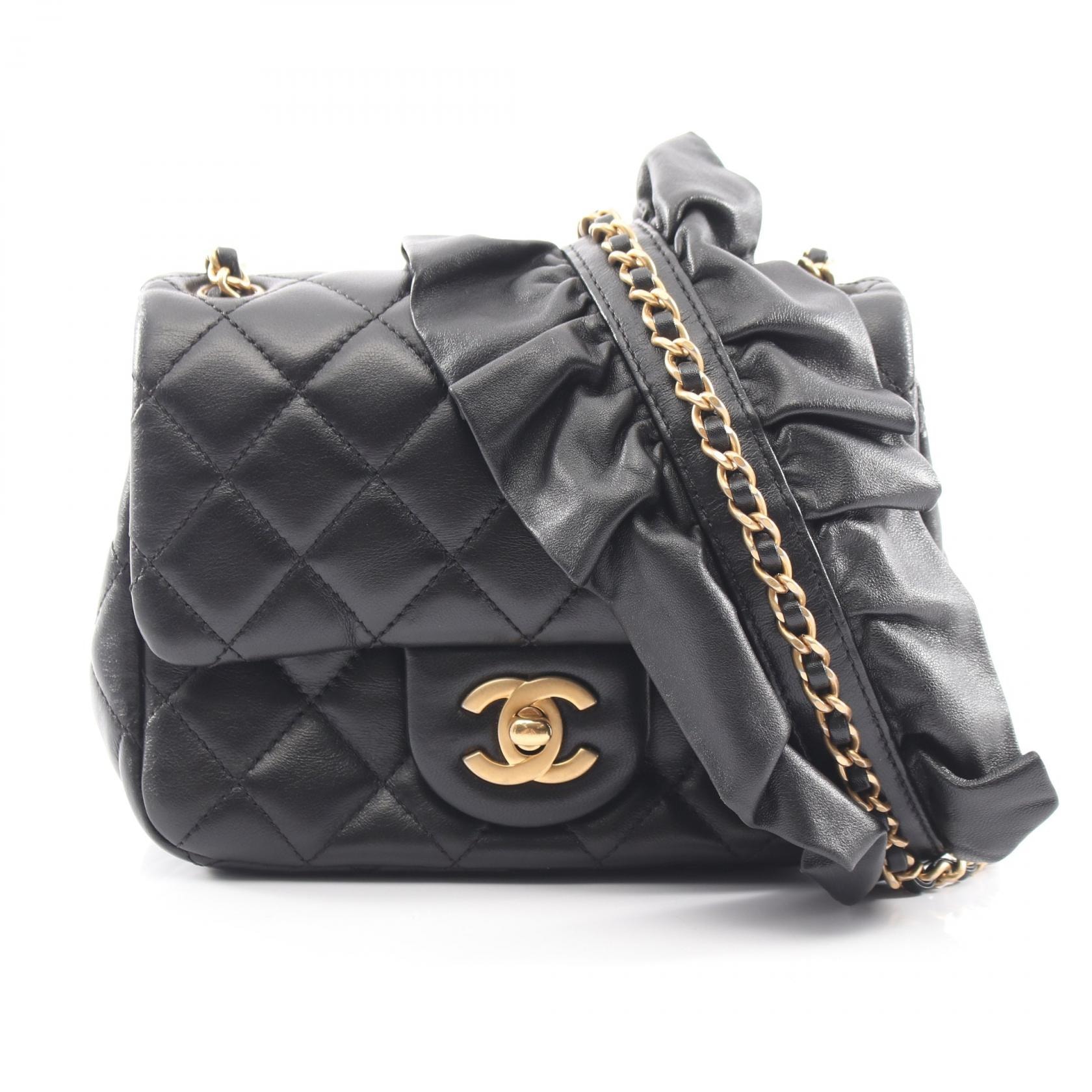 シャネル CHANEL ミニマトラッセ フリル ショルダーバッグ バッグ ラムスキン(羊革) レディース ブラック系 【中古】