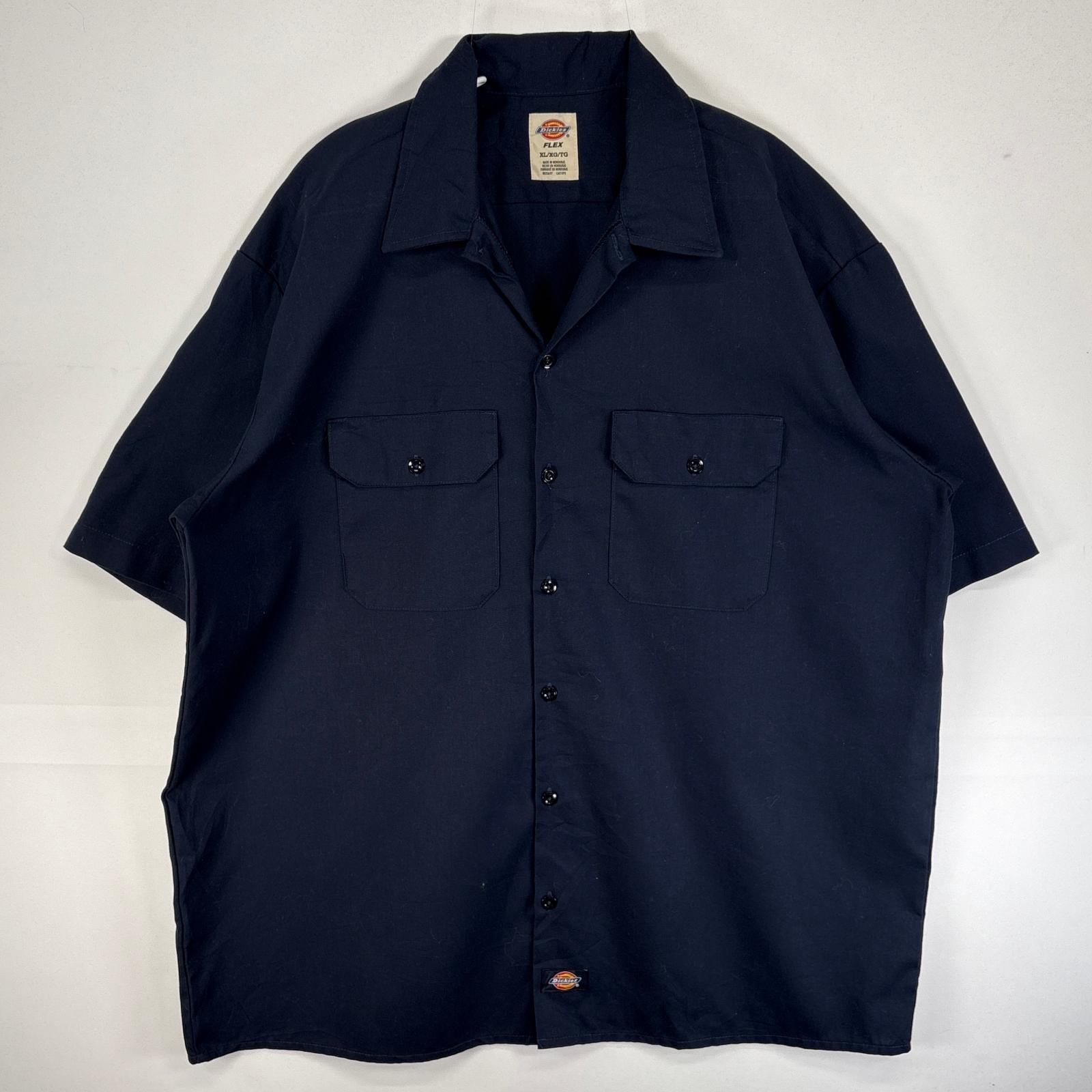 古着 ディッキーズ Dickies 半袖シャツ ワーク 作業着 フラップポケ 大きいサイズ ワンポイント ロゴ XL ネイビー 無地 メンズ
