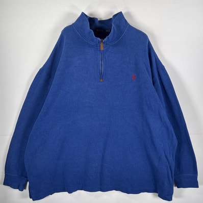古着 ポロ・ラルフローレン POLO RALPH LAUREN コットンニット ハーフジップ ワンポイントロゴ ビッグサイズ ブルー メンズ
