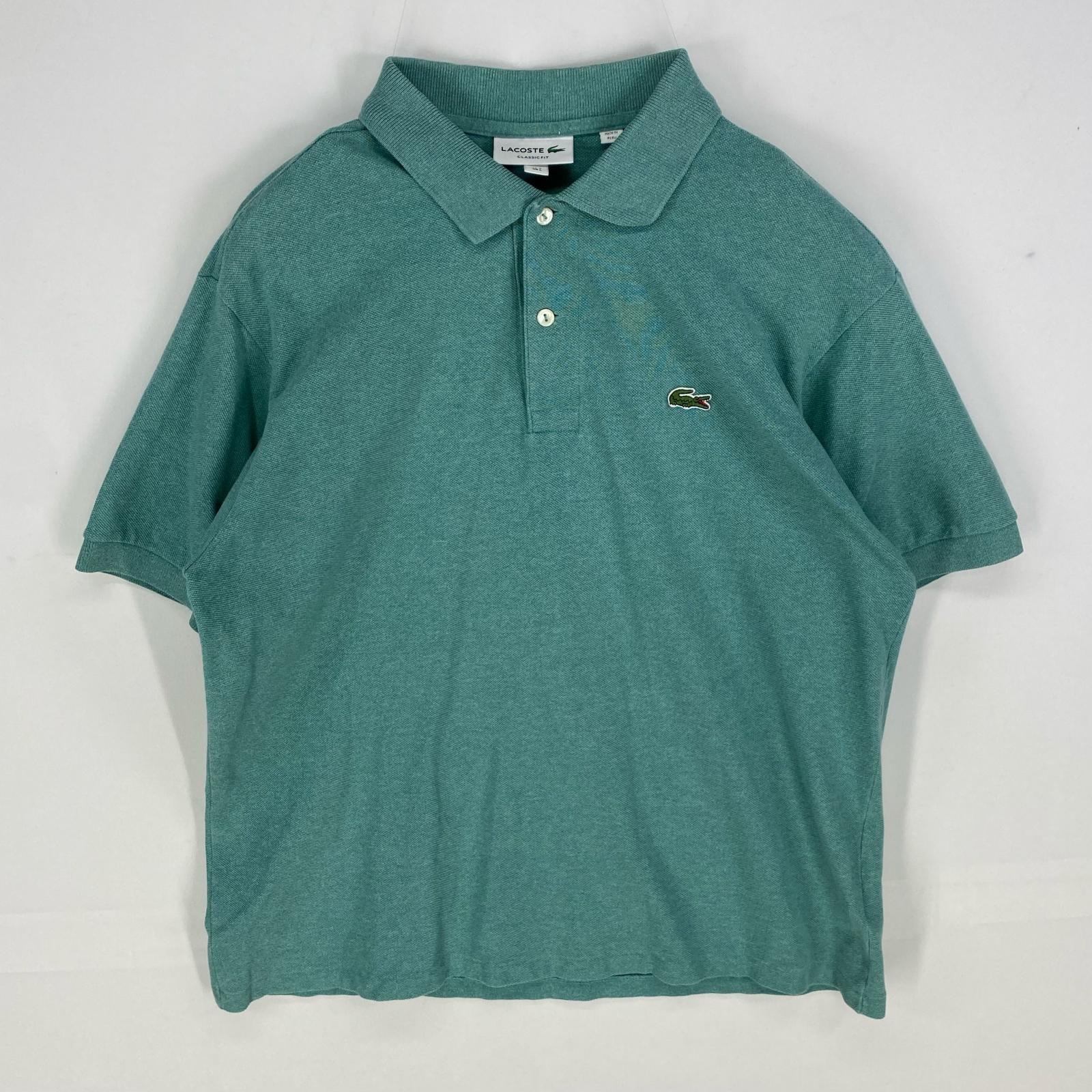 古着 ラコステ LACOSTE 鹿の子 半袖シャツ ワンポイント ワッペン ポロシャツ ショートスリーブ L グリーン系 メンズ