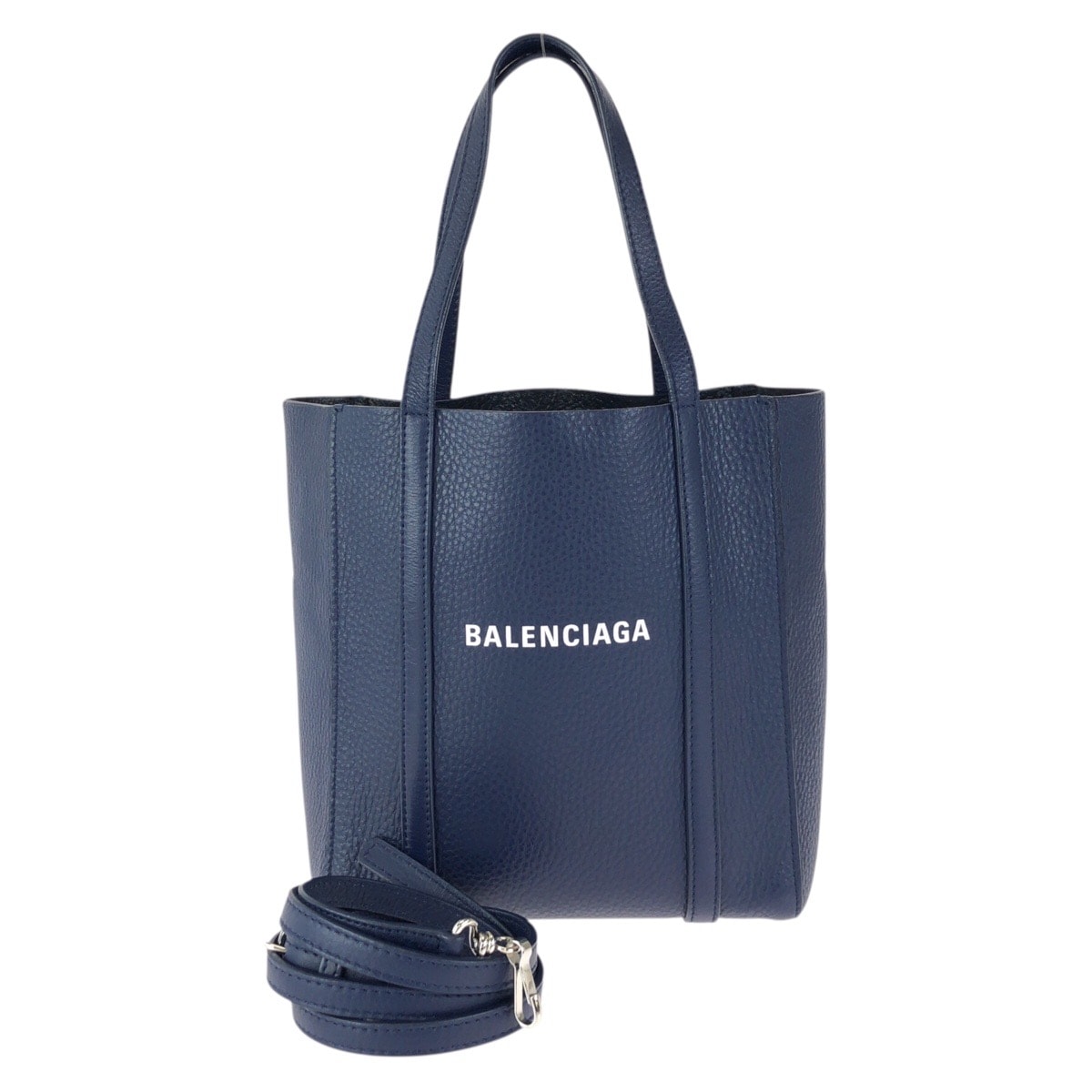 美品 BALENCIAGA バレンシアガ エブリデイ XXS 2way ネイビー シルバー金具 レザー ショルダーバッグ トートバッグ 602001 【中古】