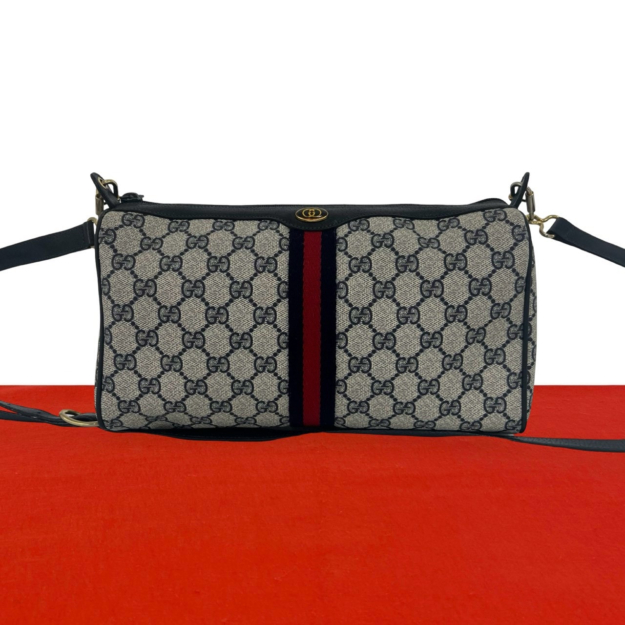 GUCCI グッチ シェリーライン GG ロゴ 金具 レザー PVC ショルダーバッグ ネイビー
 21818