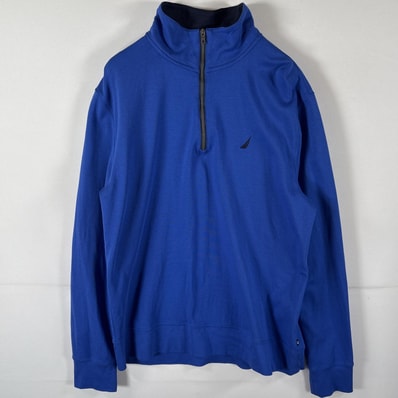 古着 ノーティカ NAUTICA スウェット ハーフジップ トレーナー ワンポイントロゴ刺繍 ツートンカラー 襟付き L ブルー メンズ