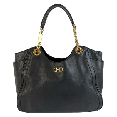 Salvatore Ferragamo サルヴァトーレフェラガモ ガンチーニ ブラック 黒 ゴールド金具 レザー トートバッグ ショルダーバッグ 603720 【中古】